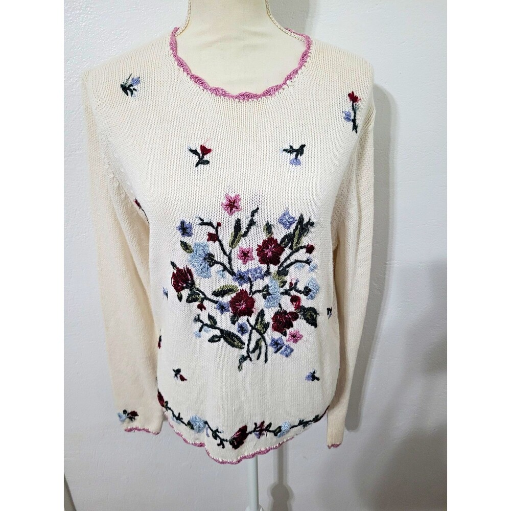 Cottagecore Vintage Knit Pullover Sweater Floral Embroidered Scalloped Hem
